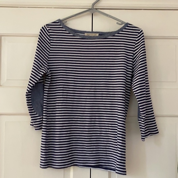 Jones NY navy white stripe 3/4 sleeve top denim chambray elbow patches boat neck - Picture 3 of 6